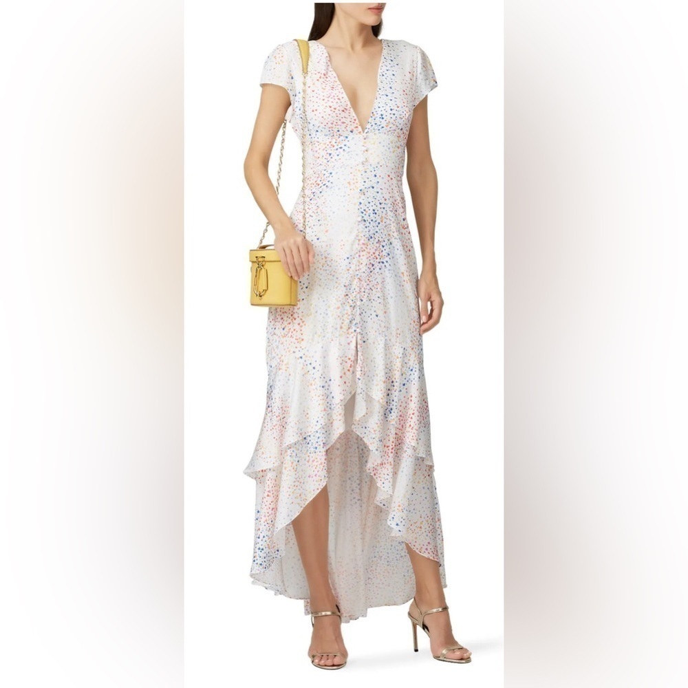 Hutch Anthropology White Multi Color Heart Maxi Dress Satin Hi Low V-neck Sz 4
